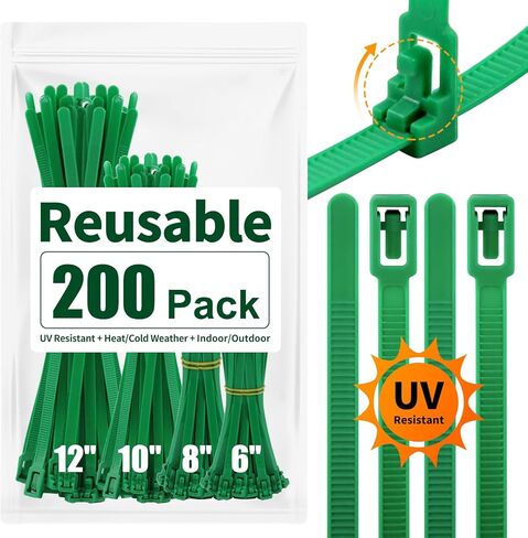 SOOOEC 200 Pack Reusable Green Zip Ties Assorted Sizes 6+8+10+12 Inch UV Resistant, Black Zip Ties Heavy Duty Outdoor Releasable Round Ending No Hurt, Cable Ties Reusable Tie Wraps Indoor Non Slip Off in Saudi Arabia