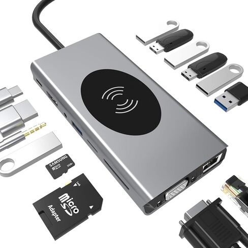 محطة إرساء الكمبيوتر المحمول متعددة الوظائف 15 في 1 USB C Hub Gigabit Ethernet USB C Hub Type-c إلى 4K HDMI متعدد المنافذ مع شحن VGA PD، 3 منافذ USB 3.0، بطاقة SD in Saudi Arabia