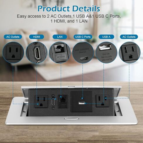 Table Pop Up Outlet, Desktop Pop Up Socket Center Countertop Socket Multimedia Strip Socket Connection Box Countertop with USB 3.0/2×AC/2×HDMI/USB-A/USB-C/LAN for Conference Desk Office (Black-3) in Kuwait