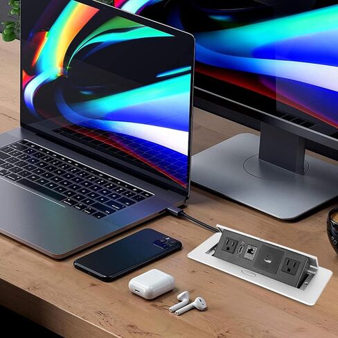 Table Pop Up Outlet, Desktop Pop Up Socket Center Countertop Socket Multimedia Strip Socket Connection Box Countertop with USB 3.0/2×AC/2×HDMI/USB-A/USB-C/LAN for Conference Desk Office (Black-3) in Kuwait