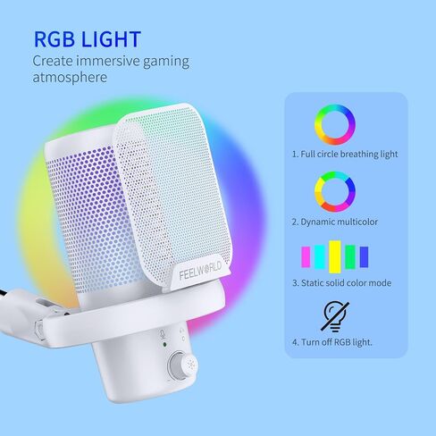 FEELWORLD VM1 Gaming PC USB Microphone Condenser Mic with Noise Cancellation Mute RGB Light, Computer Accessories for Gamer YouTube Twitch Podcast Streaming Recording Online Chat PS4 PS5 in Kuwait