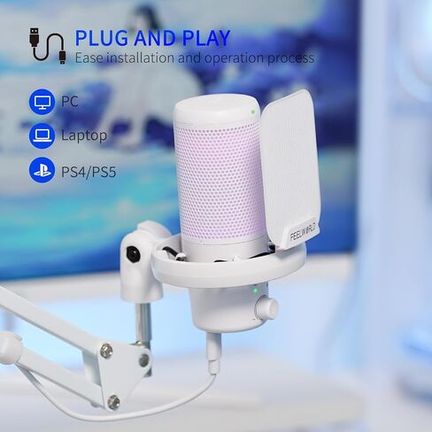 FEELWORLD VM1 Gaming PC USB Microphone Condenser Mic with Noise Cancellation Mute RGB Light, Computer Accessories for Gamer YouTube Twitch Podcast Streaming Recording Online Chat PS4 PS5 in Kuwait