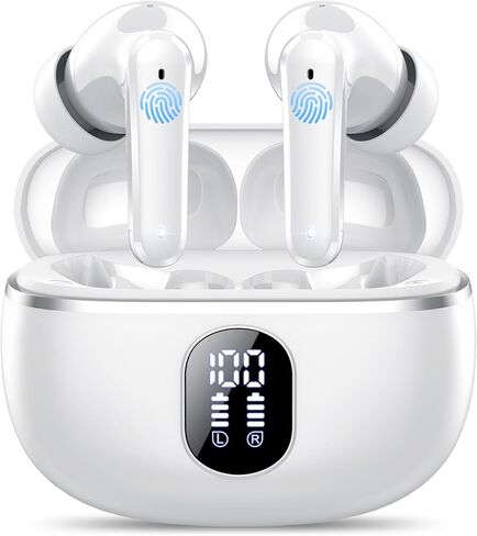 Wireless Earbuds Bluetooth 5.4 Headphones, 50 Hrs Playtime with LED Digital Display, ENC Call Noise Cancelling, 14.2mm Big Speakers Bass Stereo Ear Buds, IP7 Waterproof Earphones Sports Rice White in Saudi Arabia