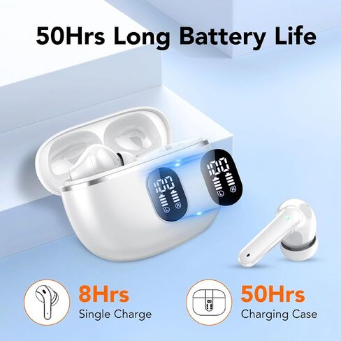 Wireless Earbuds Bluetooth 5.4 Headphones, 50 Hrs Playtime with LED Digital Display, ENC Call Noise Cancelling, 14.2mm Big Speakers Bass Stereo Ear Buds, IP7 Waterproof Earphones Sports Rice White in Saudi Arabia