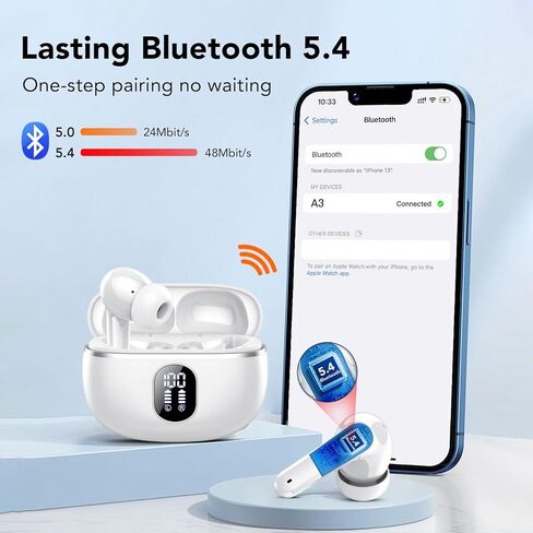 Wireless Earbuds Bluetooth 5.4 Headphones, 50 Hrs Playtime with LED Digital Display, ENC Call Noise Cancelling, 14.2mm Big Speakers Bass Stereo Ear Buds, IP7 Waterproof Earphones Sports Rice White in Saudi Arabia