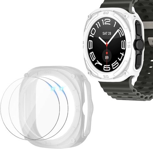[1+2Pack] Case for Samsung Galaxy Watch Ultra 47mm Screen Protector, Soft Shock-Proof Silicone Bumper Case + HD Tempered Glass Protective Film, Face Cover Set for Galaxy Watch Ultra (White, 47mm) in Kuwait