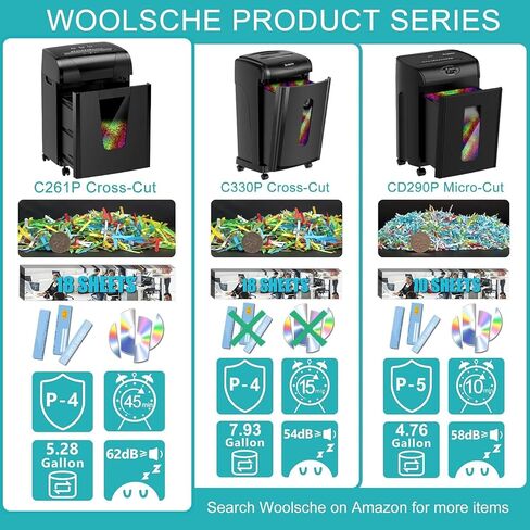 Woolsche Paper Shredder, 18-Sheet Cross Cut with 5.28-Gallon Pull Out Bin, P-4 Security Level, Shred Paper and Credit Card and CD, Durable&Fast with Auto Jam Proof System Shredder for Office in Saudi Arabia