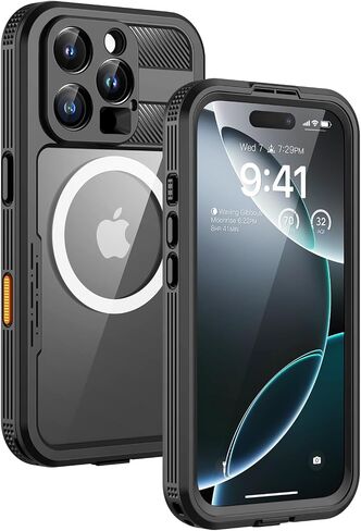 حافظة Lanhiem المغناطيسية لهاتف iPhone 16 Pro Max، حافظة IP68 مقاومة للماء والغبار، [متوافقة مع Magsafe] [واقي شاشة مدمج] غطاء هاتف متين عالي التحمل لكامل الجسم 6.9 بوصة، أسود/شفاف in Kuwait