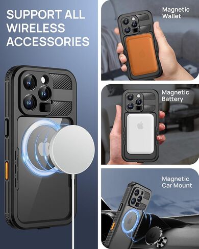 حافظة Lanhiem المغناطيسية لهاتف iPhone 16 Pro Max، حافظة IP68 مقاومة للماء والغبار، [متوافقة مع Magsafe] [واقي شاشة مدمج] غطاء هاتف متين عالي التحمل لكامل الجسم 6.9 بوصة، أسود/شفاف in Kuwait