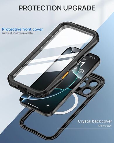حافظة Lanhiem المغناطيسية لهاتف iPhone 16 Pro Max، حافظة IP68 مقاومة للماء والغبار، [متوافقة مع Magsafe] [واقي شاشة مدمج] غطاء هاتف متين عالي التحمل لكامل الجسم 6.9 بوصة، أسود/شفاف in Kuwait