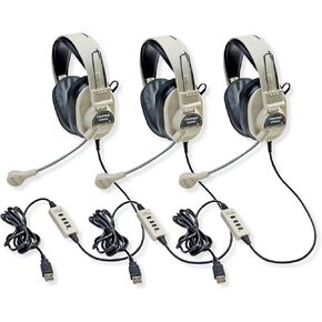 Califone 3066-USB Deluxe Multimedia Stereo Headset with USB Plug, Flexible Omni Directional Microphone, Around Ear Ambient Noise Reducing Earcups, In-line Volume Control, Pack of 3
