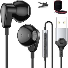 USB Earphones with Microphone for PC 7.5ft Wired Earbuds Noise Canceling Half in-Ear Computer USB A Headphones with Mute Volume Control Stereo Bass Headset for Laptop PS5 Office School Gaming Music