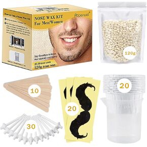 Auperwel Nose Wax Kit, 100g Nose Wax, 20 Applicators, Nostril Waxing Kit for Men and Women Painless Hair Removal with 15 Mustache Guards, and 10 Paper Cups, Nose Ear Wax Kit with 15-20 Uses