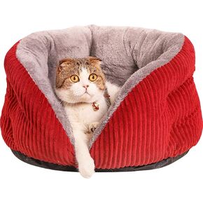 La La Pet® Plush Cat Bed Cave Self Warming Dog Bed Washable Calming Pet Bed Cat Nest House for Small Dogs Puppy and Kitties, Red, Medium