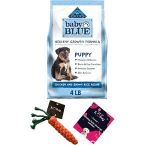 Baby Blue Puppy Food Bundle, Includes 01 Bag(4 LB) Baby Blue Healthy Growth Formula with Chicken and Brown Rice,01 Carrot Dog Toys and 01 Booklet About Pet Nutrition.