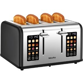 Mecity 4 Slice Toaster Touch Screen Control 4 Wide Slot, Stainless Steel Smart Bread Toaster for Bagel Muffin Waffle, Dual Control Pannel, Timer, Defrost, Reheat, 120V 1650W