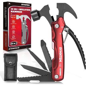 12-in-1 Hammer Multitool, Christmas Gifts for Men, Cool Gadgets Camping Accessories, Stocking Stuffers for Men, Dad, Father, Handyman, Husband, Cool Gadget Gifts for Women, Red