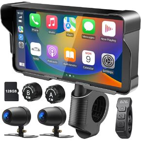 Motorcycle DVR: Wireless Motorcycle Carplay, Android Auto, Motorcycle TPMS, 5.5 inch Waterproof Touchscreen, Dual HD 1080P Cameras, Support Bluetooth, Car GPS, Siri, Google Assistant, TF-128GB
