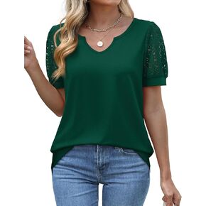 OFEEFAN Casual V Neck T Shirts for Women Lace Short Sleeve Curved Hem Tops Loose Fit