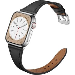 Slim Leather Bands Compatible with Apple Watch Band 42mm 41mm 40mm 38mm, Genuine Leather Replacement Band Strap for iWatch Series 10/9/8/7/6/5/4/3/2/1/SE Women, Starlight/Starlight