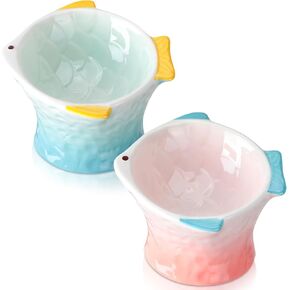 Tioncy Ceramic Cat Feeder, 2 Pcs Fish Shape Elevated Bowls, 4 oz, Blue, Green, Shallow Angled, Non Slip, Whisker Fatigue Bowl, Tilted Pet Feeder