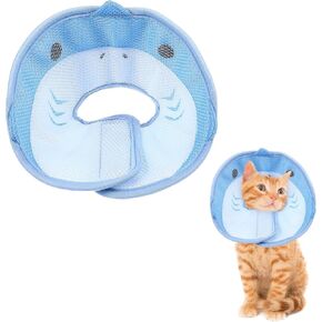 Cat Cone Collar Soft, Breathable Cat Neck Cone Adjustable Cat Recovery Collar After Surgery to Prevent Licking Wound Lightweight Pet Elizabethan Collar for Cats Kittens Cute Shark Design(XS)