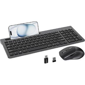 Wireless Keyboard and Mouse, Ergonomic Keyboard Mouse with Phone Holder, 2.4GHz Cordless Keyboard Mouse for Mac, Windows, PC, Laptop （Black）