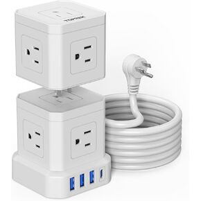 Power Strip with USB, TOPREK Power Strip Tower with 9 AC, 1 USB-C, 3 USB-A, Convertible Outlet Extender & Desk Charging Block with 6.5 FT Flat Plug Extension Cord for Home Office, Kitchen 1625W/13A
