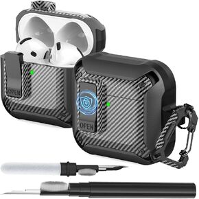 Compatible with AirPods 4 Case Cover with Cleaner Kit, Secure Lock Clip Cool Rugged Case for Airpods 4th Generation 2024, Hard TPU Protective Cover for New Airpod 4 Charging Case Black