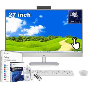 HP 27" All-in-One FHD Touchscreen Desktop Computer, Intel Ultra 7 155U, 32GB DDR5 RAM, 2TB SSD, Wireless KB & Mouse, Adjustable Height, HD Webcam, Windows 11 Pro & Microsoft Office Lifetime License