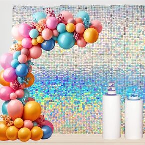 Rainbow Silver Shimmer Wall Backdrop, 30cm*30cm*36 Pcs Square Sequin Panels, Photo Booth Backdrop for Birthday, Wedding, Baby Shower (6FTx6FT)