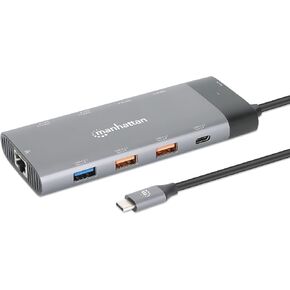 Manhattan USB C 10-in-1 Multiport Adapter Docking Station Hub with 100W Power Delivery - 1x8K & 1x4K HDMI, 1x10Gbps USB-C, 2x10Gbps USB-A, 3x5Gbps USB-A, Ethernet Port, 2ft Cable, Aluminum – 130714