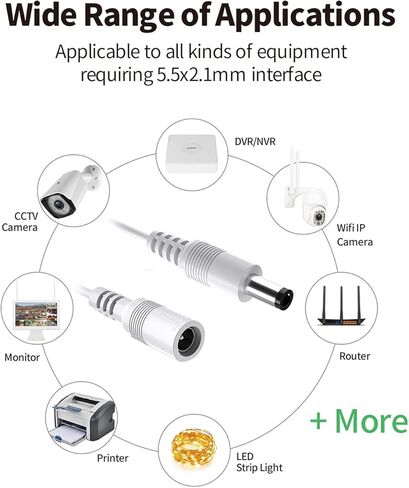 2 Pack 10FT 3M DC Power Extension Cable 5.5mm x 2.1mm, Universal DC 12V Power Extension Cable for Security Camera, LED Strip, CCTV IP Surveillance (2 Pack, White) in Kuwait