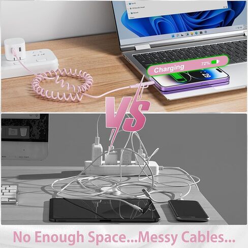4 in 1 USB to USB C and Lightning Cable 60W - Coiled Cable for Apple CarPlay and Android Auto Car iPhone Charger Cord Fast Charging & Data Sync, iPhone and USB C Cable for iPad/Phone/Laptop, 3Ft in Saudi Arabia