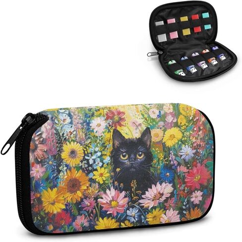 Xoenoiee Black Cat and Vibrant Flower Print USB Flash Drive Bag Thumb Drive Case Lightweight USB Storage Bag with 10 Slots Compact Flash Drive Organizer Easy to Carry in Saudi Arabia