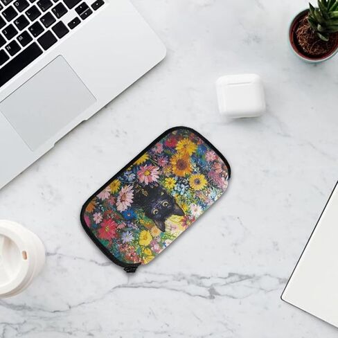 Xoenoiee Black Cat and Vibrant Flower Print USB Flash Drive Bag Thumb Drive Case Lightweight USB Storage Bag with 10 Slots Compact Flash Drive Organizer Easy to Carry in Saudi Arabia