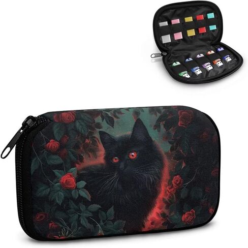 Xoenoiee Black Cat and Vibrant Flower Print USB Flash Drive Bag Thumb Drive Case Lightweight USB Storage Bag with 10 Slots Compact Flash Drive Organizer Easy to Carry in Saudi Arabia