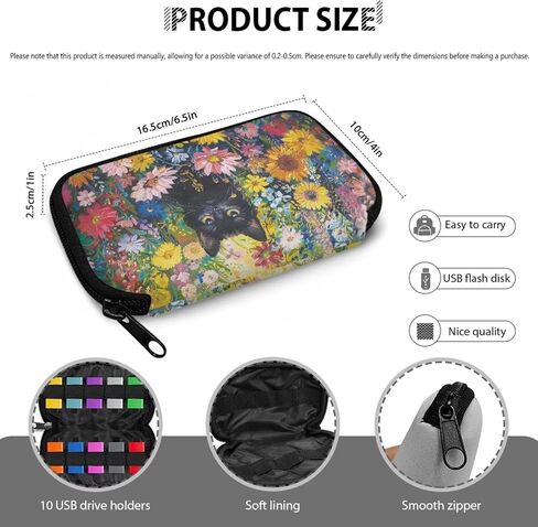Xoenoiee Black Cat and Vibrant Flower Print USB Flash Drive Bag Thumb Drive Case Lightweight USB Storage Bag with 10 Slots Compact Flash Drive Organizer Easy to Carry in Saudi Arabia
