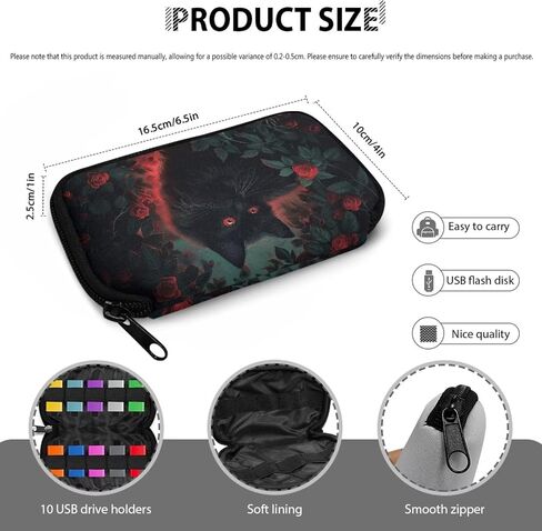 Xoenoiee Black Cat and Vibrant Flower Print USB Flash Drive Bag Thumb Drive Case Lightweight USB Storage Bag with 10 Slots Compact Flash Drive Organizer Easy to Carry in Saudi Arabia