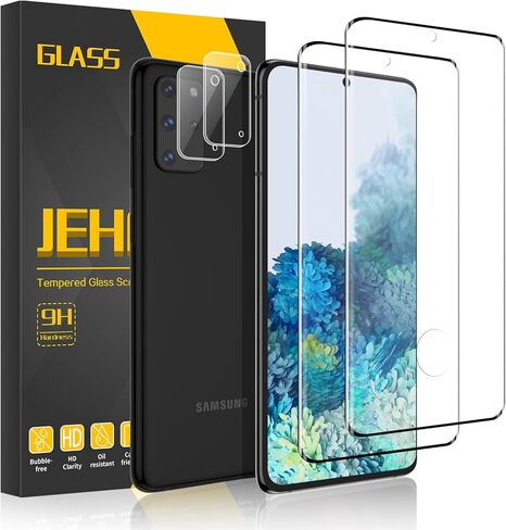 [2+2] عبوتان لهاتف Samsung Galaxy S20 Plus واقي شاشة من الزجاج المقوى + عبوتان من واقي عدسة الكاميرا، يدعم فتح بصمة الإصبع، صلابة 9H، منحني ثلاثي الأبعاد، مقاوم للخدش in Saudi Arabia