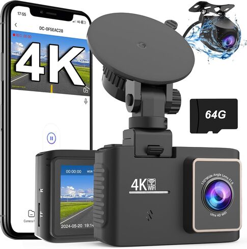 Dash Cam Front and Rear, 4K 30fps FHD Dash Camera for Cars Built-in 5GHz WiFi, with 64GB SD Card, 2’’ IPS Screen, Night Vision, 170° Wide Angle, Loop Recording, G-Sensor, 24H Parking Monitor in Saudi Arabia