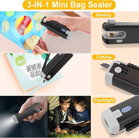3 في 1 حقيبة صغيرة مانعة للتسرب، USB C قابلة لإعادة الشحن حقيبة ختم الحرارة، ختم حقيبة الختم الحراري مع القاطع، حقيبة محمولة لإعادة إغلاق الأكياس البلاستيكية والوجبات الخفيفة وتخزين المواد الغذائية، الحبر الأسود in Kuwait