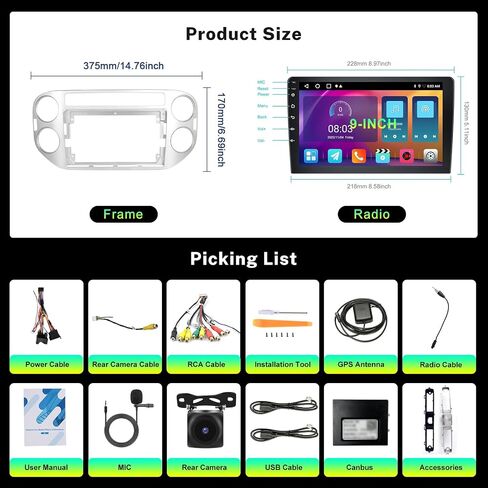 Hodozzy Android Car Radio for Volkswagen Tiguan 2010-2015 Wireless Carplay Android Auto Mirror Link، 9 بوصة تعمل باللمس GPS Navigation Bluetooth WiFi FM RDS HiFi كاميرا احتياطية 2 Din in Saudi Arabia