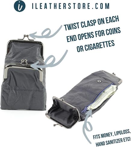 Leather Impressions snap Closure Cigarette Case - Handmade Genuine Leather Cigarette Case with Double Twist Clasp Pockets, 1 Zipper Pocket - Timeless Cigarette Case with Lighter 7"x4" (Navy) in Kuwait
