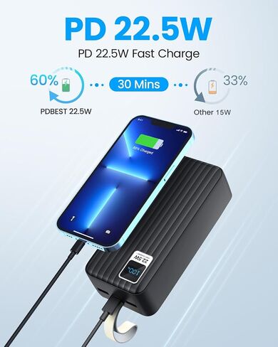 شاحن محمول باور بانك 50000 مللي أمبير - شاحن PD 22.5 وات USB C، حزمة بطارية شحن سريع QC 4.0 مع شاشة LED 3 مخارج لهواتف iPhone وSamsung وiPad وغيرها in Saudi Arabia