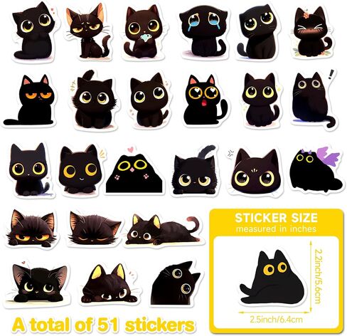 51 Pcs Cute Black Cat Water Bottle Stickers for Kids, Funny Cartoon Black Cat Lost Cause Laptop Decals, Waterproof Vinyl Animal Skateboard Scrapbook Luggage Phone Case Mirror Decorative Stickers in Saudi Arabia