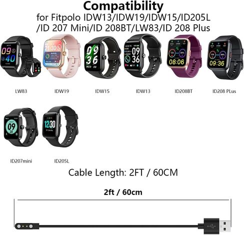 شاحن مكون من قطعتين متوافق مع Fitpolo IDW13/IDW19/IDW15/ID205L/ID 207 Mini/ID 208BT/LW83/ID 208 Plus، سلك كابل شحن USB بديل للساعة الذكية بطول 2 قدم in Kuwait