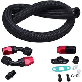 Turbo Oil Feed Line Oil Drain Return Line Complete Kit for T3 T4 T3/T4 T70 T66 Silver Tubing&Red/Blue Connectors Kit Universal