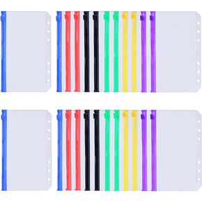 Antner 24PCS A6 Binder Pockets 6 Hole Budget Cash Envelopes for Cash Budgeting, Multicolor Zipper Money Organizer Envelopes for A6 Budget Binder Planner, Waterproof PVC Loose Leaf Bags Document Pouch