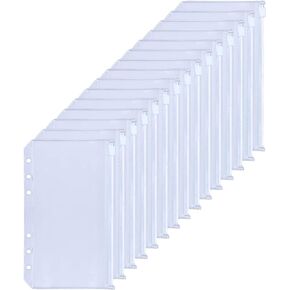 HAUTOCO 15PCS A6 Binder Pockets Clear PVC 6-Holes Binder Envelopes Zipper Binder Pouches for A6 Notebook Binder, Cash Envelopes for Budgeting, Waterproof Zipper Budget Envelopes Loose Leaf Bags